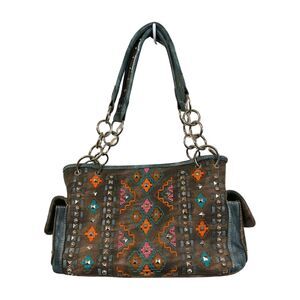 Montana West Embellished Studded South Western Shoulder Bag Purse Handbag Chain
